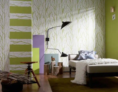Lime Green Branches on White Unpasted Wallpaper Border