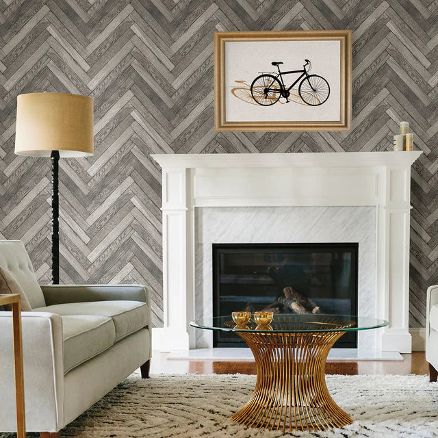 Dark Grey Herringbone Wood Planks on Paste the Wall Wallpaper