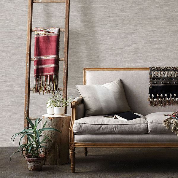 Fabric Backed Grey and Beige Faux Heavy Duty Grasscloth Unpasted Wallpaper
