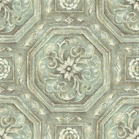 Nouveau Oxidized Metal Tile in Teal Unpasted Wallpaper
