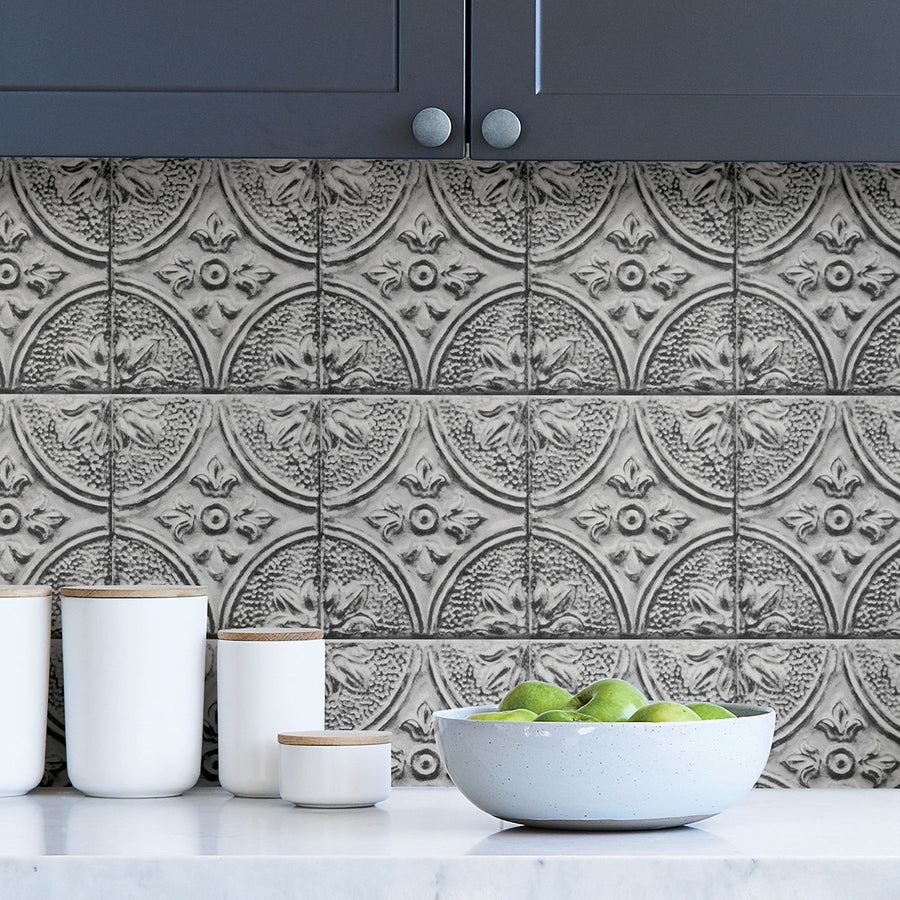 Silver Tin Tile Peel and Stick Backsplash Wallpaper