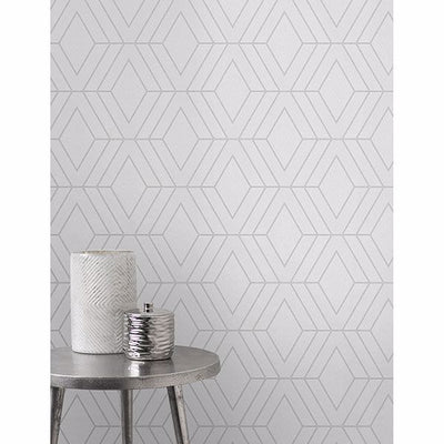 Gray Textured with Silver Grout in Diamond Design Unpasted Wallpaper
