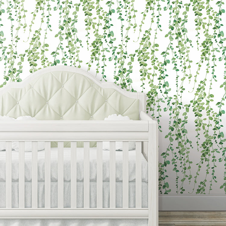 Hanging Watercolor Green Vines on White Peel and Stick Single Roll