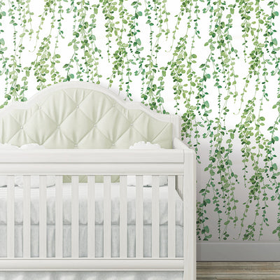 Hanging Watercolor Green Vines on White Peel and Stick Single Roll