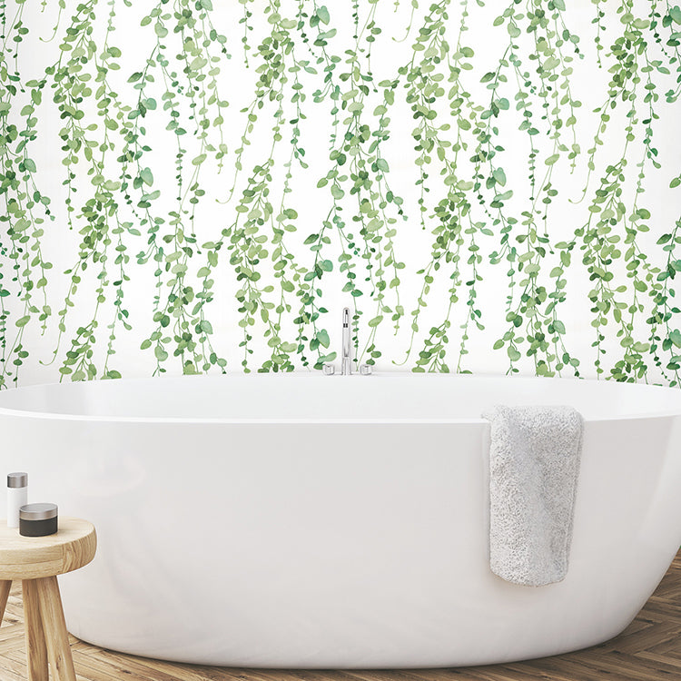 Hanging Watercolor Green Vines on White Peel and Stick Single Roll