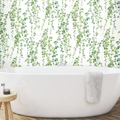 Hanging Watercolor Green Vines on White Peel and Stick Single Roll