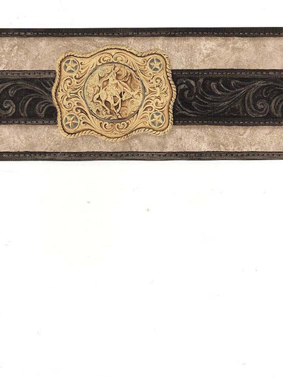 Country Western Gold Buckle on Black Belt on Taupe Wallpaper Border - all4wallswall-paper