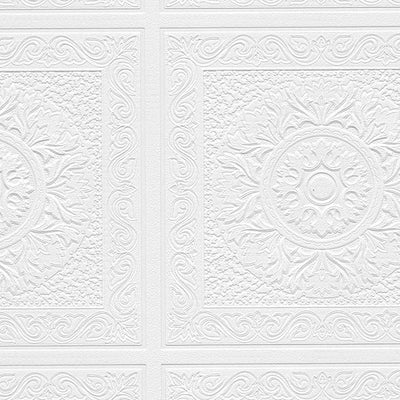 Renaissance Ceiling Tile Raised White Textured Paintable Square Wallpaper - all4wallswall-paper