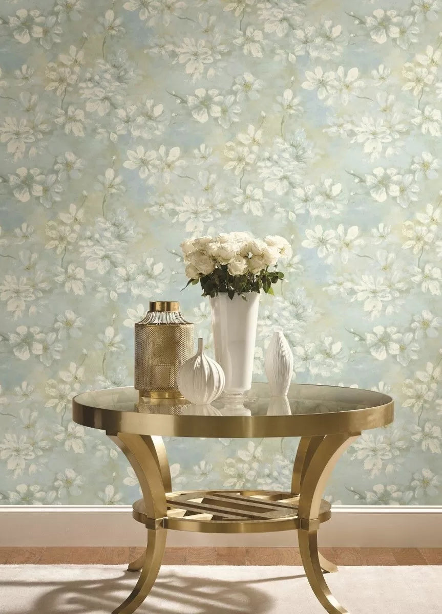 White Cherry Blossom on Blue Background 27" Unpasted Wallpaper