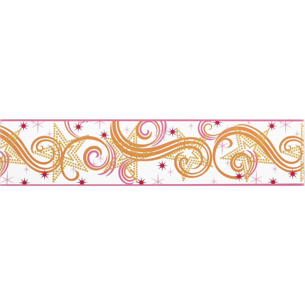 Rock Star Disney Girls Hot Pink & Orange Star & Scroll Wallpaper Border - all4wallswall-paper
