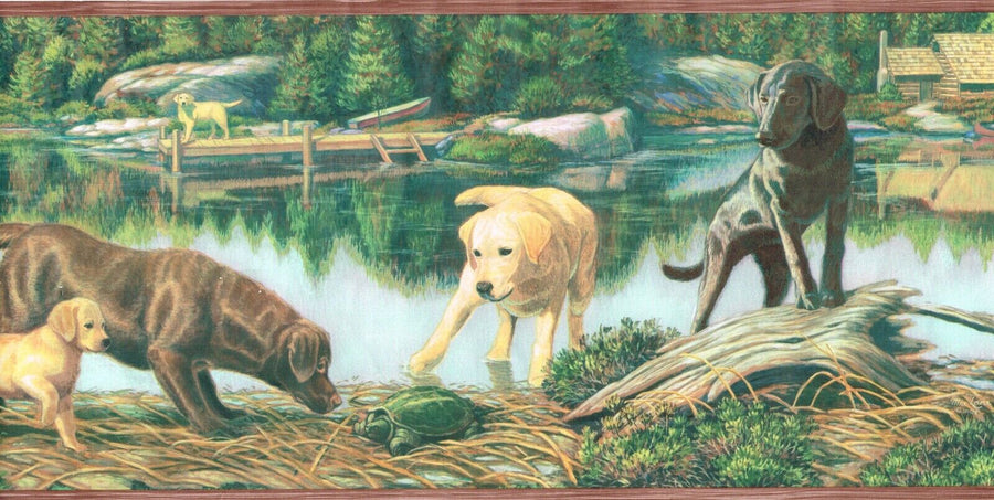 Country Labrador Dog & Puppy Turtle Cabin on Lake Wallpaper Border