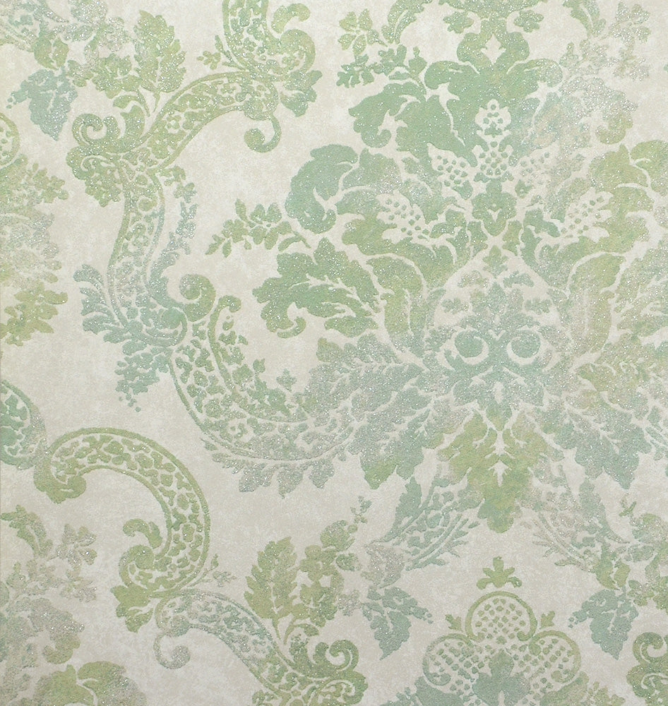 Formal Green and Beige Damask with Glitter on Beige Wallpaper - all4wallswall-paper