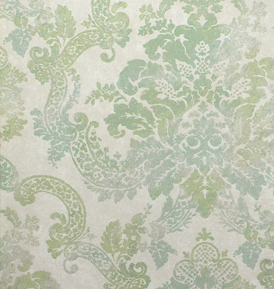 Formal Green and Beige Damask with Glitter on Beige Wallpaper - all4wallswall-paper
