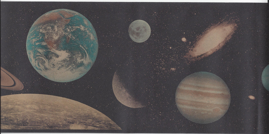 Outer Space Planets on Black Wallpaper Border - all4wallswall-paper