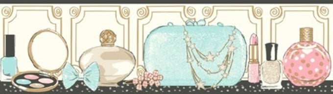 Makeup Vanity in Aqua, Pink & Gold on Sure Strip Wallpaper Border - all4wallswall-paper