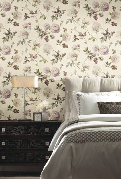 Whitworth Peony on Faux Beige Linen Wallpaper - all4wallswall-paper