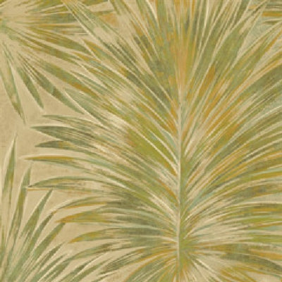 Green and Golden Lanai Tropical Palms on Metallic Unpasted Wallpaper