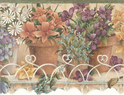 Potted Floral on Wire Heart Shelf Laser Cut Wallpaper Border - all4wallswall-paper