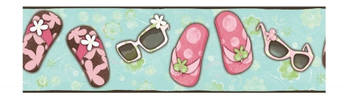 Girls Flip Flops & Sunglasses in Chocolate, Aqua & Pink Wallpaper Border - all4wallswall-paper