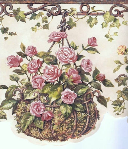 Hanging Baskets of Floral on Cream Laser Cut Wallpaper Border - all4wallswall-paper
