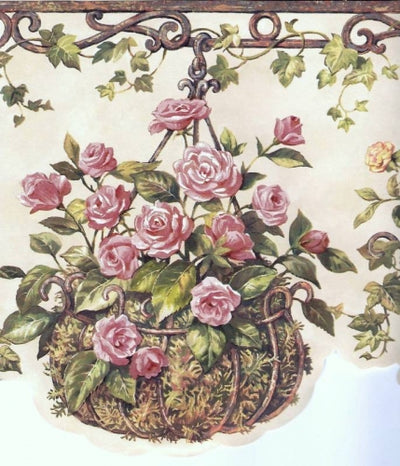 Hanging Baskets of Floral on Cream Laser Cut Wallpaper Border - all4wallswall-paper