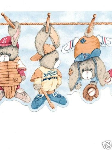 Blue Baseball Bunnies Laser Cut Unpasted Wallpaper Border - all4wallswall-paper