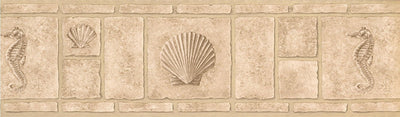 Faux Bricks with Seahorse Seashell Beige Retro Design Wallpaper Border - all4wallswall-paper