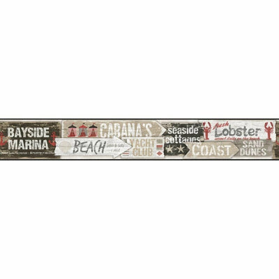 Bayside Beach Signs Red, Beige, Black on Sure Strip Wallpaper Border - all4wallswall-paper