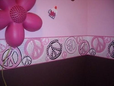 Retro Girls Pink and Black Peace Symbol Wallpaper Border - all4wallswall-paper