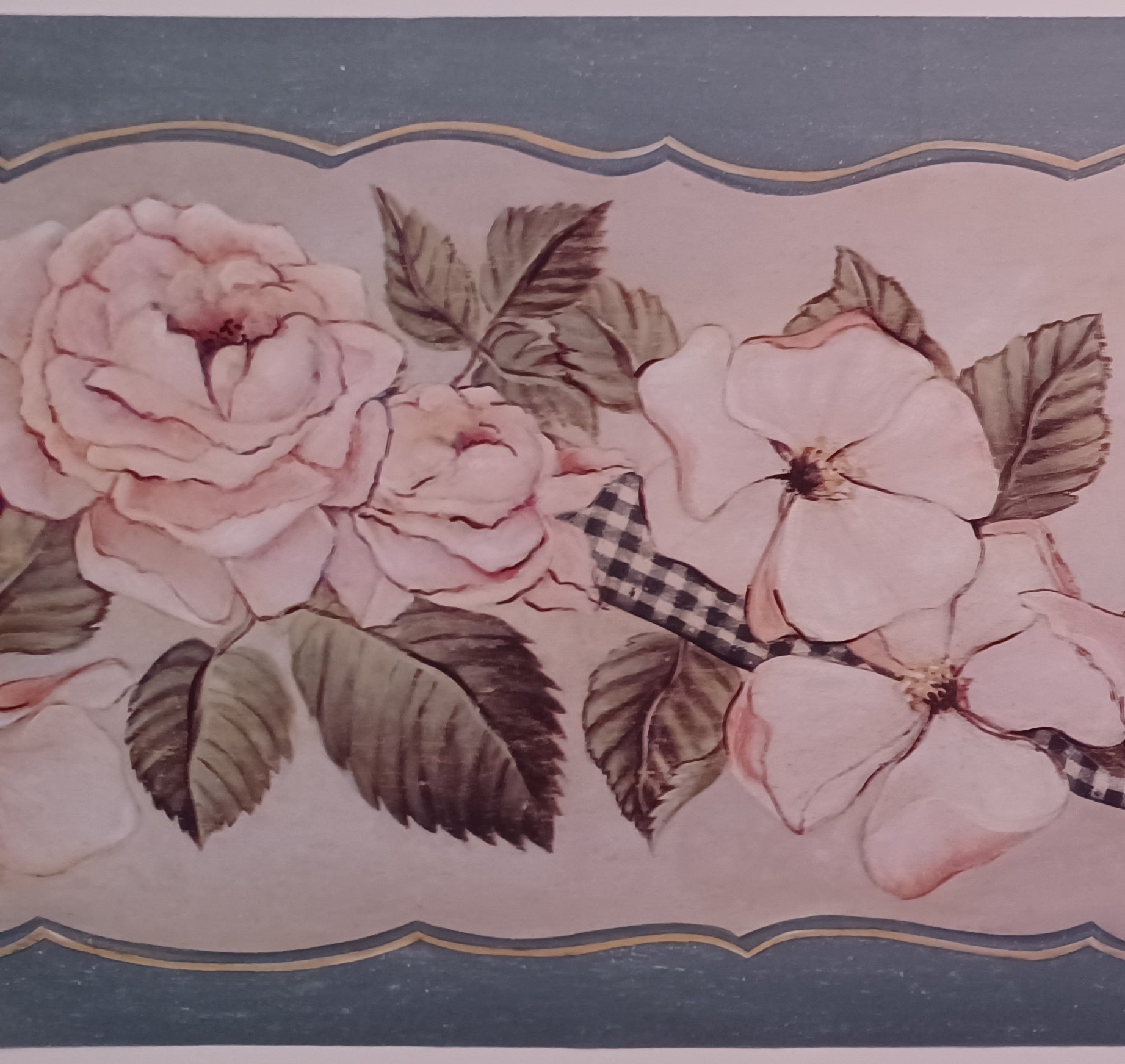 Pink Rose with Black & White Check Ribbon Floral Border