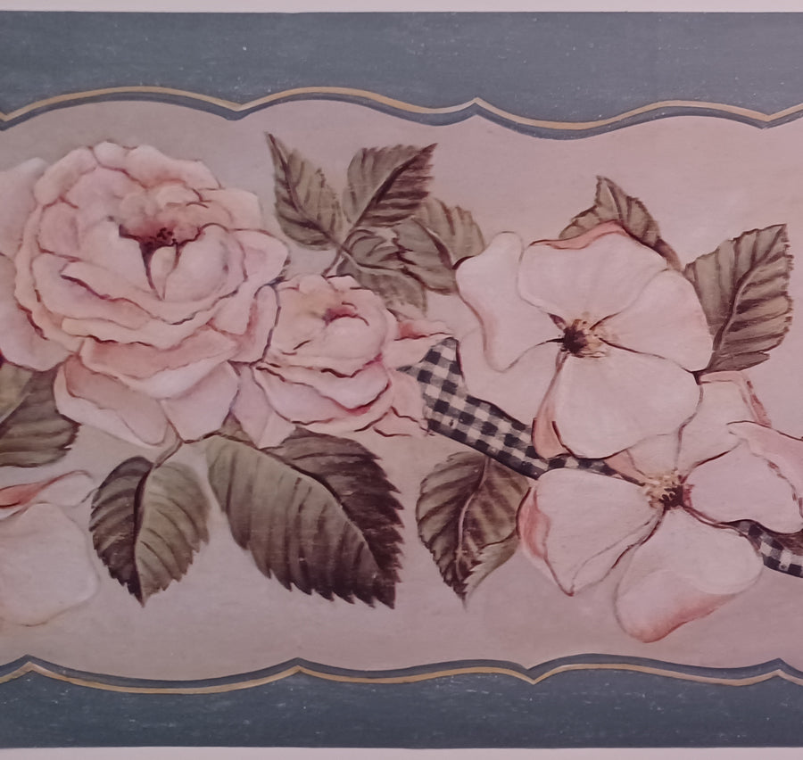 Pink Rose with Black & White Check Ribbon Floral Border