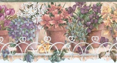 Potted Floral on Wire Heart Shelf Laser Cut Wallpaper Border - all4wallswall-paper