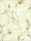 Green and Gold Leaves On Branches On Stria Cream Unpasted Wallpaper