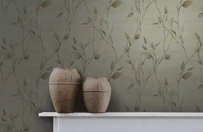 Green and Gold Leaves On Branches On Stria Cream Unpasted Wallpaper