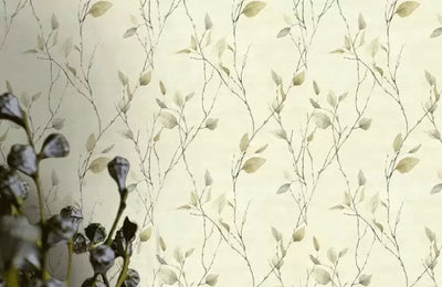 Golden Beige Leaves On Black Branches On Cream Unpasted Wallpaper