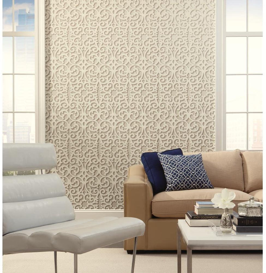 Textured Beige Scroll on Gold with 3-D Look on Sure Strip Wallpaper - all4wallswall-paper