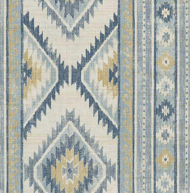 Native American Print in Blues and Gold Stripes Unpasted Wallpaper