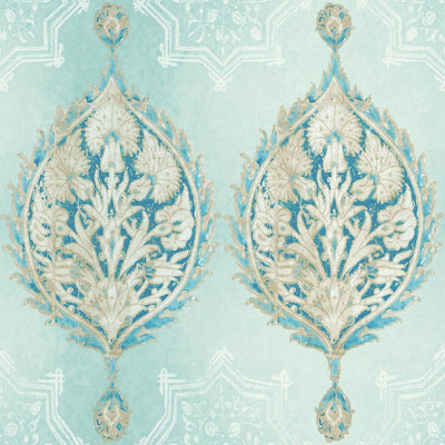 Henna Palm Ogee in Carolina Blue and Ice Blue Jewel on Sure Strip Wallpaper
