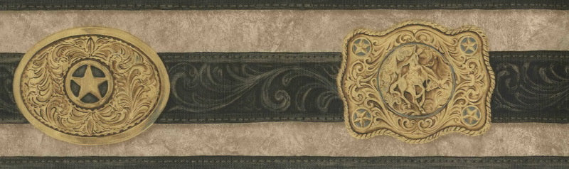 Country Western Gold Buckle on Black Belt on Taupe Wallpaper Border