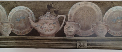 Dishes / Plates on Grey Shelf with Weeping Willow Wallpaper Border