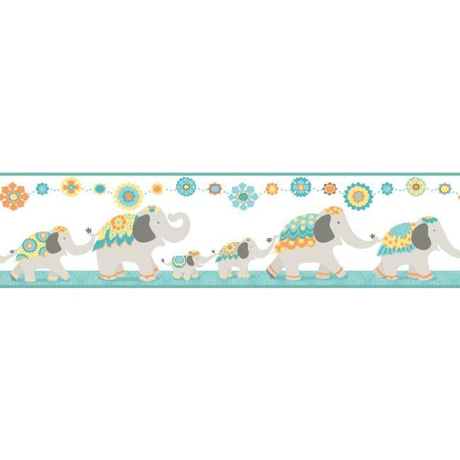 Follow the Leader India Elephant 14.5 FT Teal & Yellow on Sure Strip Wallpaper Border - all4wallswall-paper