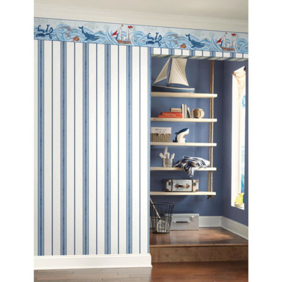 Waverly Kids Ships Ahoy Blue Ocean Pirates on Sure Strip Wallpaper Border - all4wallswall-paper