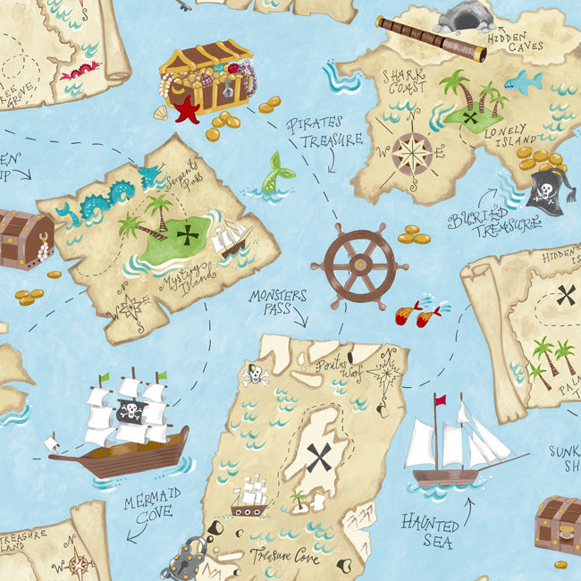 Little Boys Pirates Treasure Chest Map on Blue Wallpaper - all4wallswall-paper