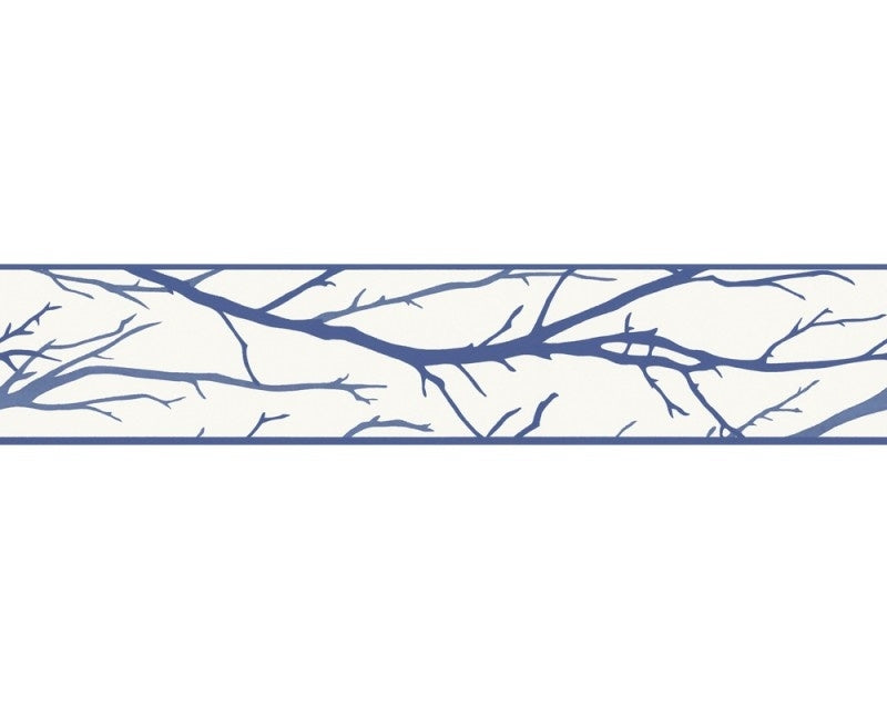 Royal Blue Branches on White Unpasted Wallpaper Border