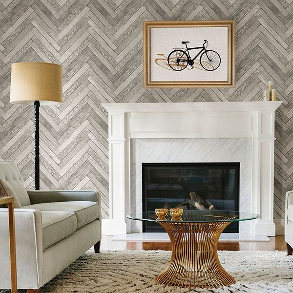 Lt. Grey Herringbone Wood Planks on Paste the Wall Wallpaper