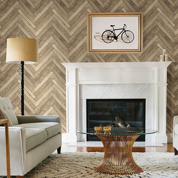 Lt. Brown Oak Herringbone Wood Planks on Paste the Wall Wallpaper