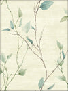 Green and Blue Leaves on Branches on Cream Unpasted Wallpaper