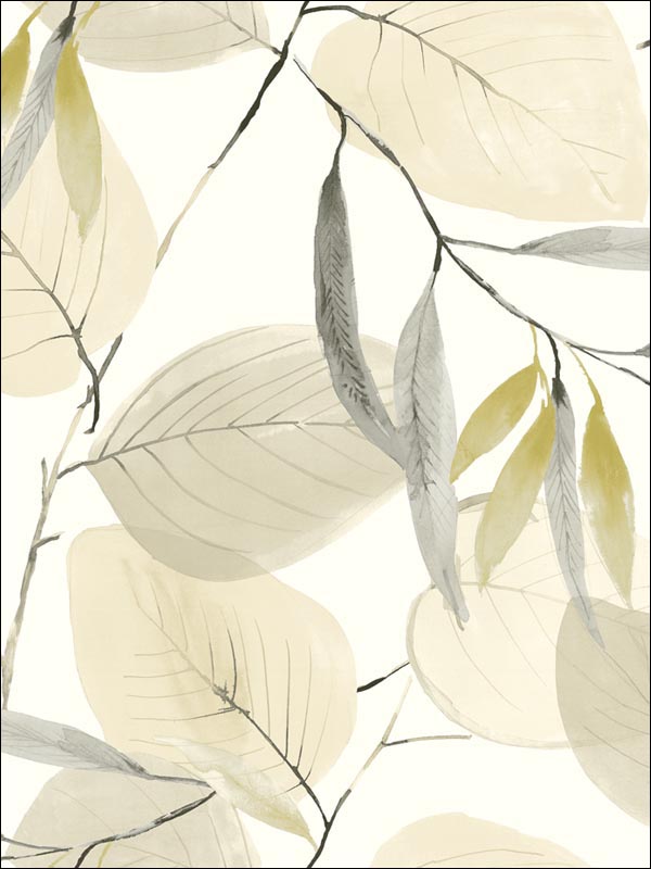 Grey, Beige, Bronze Translucent Leaves on White Unpasted Wallpaper
