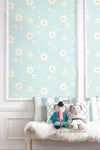 He Loves Me Daisies on Blue on Unpasted Wallpaper