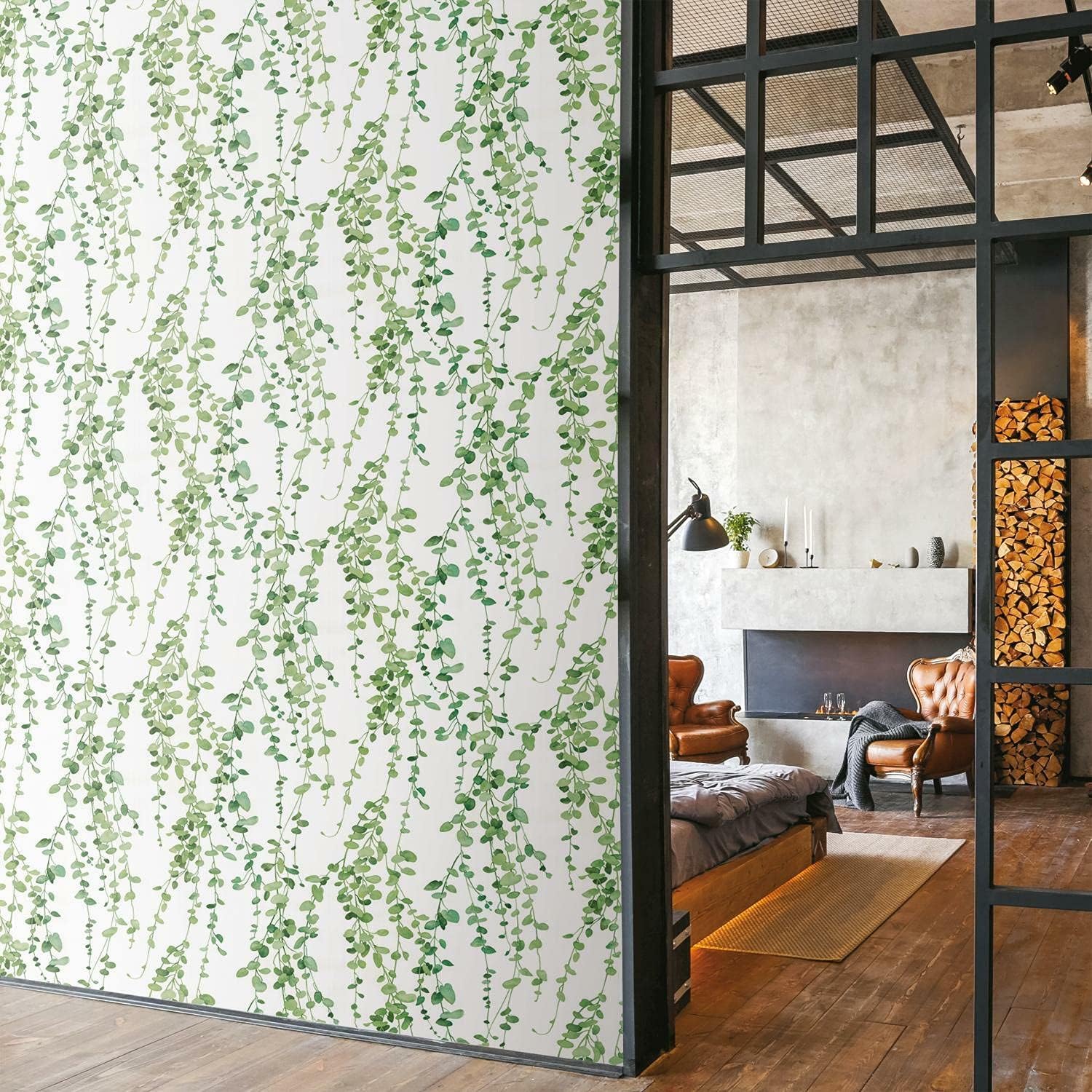 Hanging Watercolor Green Vines on White Peel and Stick Single Roll